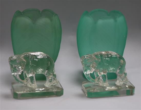 A pair of Hoffman glass elephant bookends and two Bagley glass shades